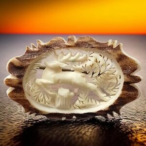 Antique Hand Carved Antler‎ Deer Brooch Pin Open Work Handmade Austria Delicate